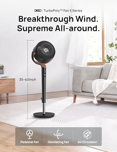 Dreo Standing Fan, 120°+120°Omni-directional Oscillating Fan For Bedroom, 80 ft Circulator With Remote, DC Motor Quiet Pedestal Fans, Adjustable Height, 8 Speeds, 3 Modes, 8H Timer, Home, PolyFan 502