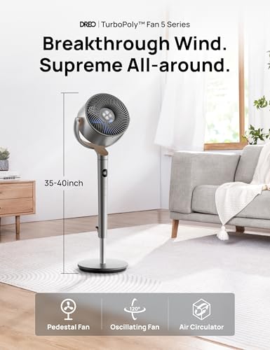 Dreo Standing Fan, 120°+120°Omni-directional Oscillating Fan For Bedroom, 80 ft Circulator With Remote, DC Motor Quiet Pedestal Fans, Adjustable Height, 8 Speeds, 3 Modes, 8H Timer, Home, PolyFan 502