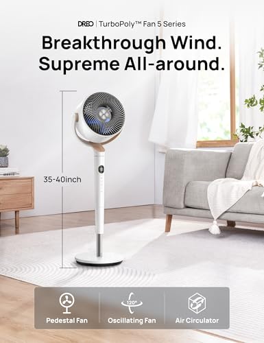 Dreo Standing Fan, 120°+120°Omni-directional Oscillating Fan For Bedroom, 80 ft Circulator With Remote, DC Motor Quiet Pedestal Fans, Adjustable Height, 8 Speeds, 3 Modes, 8H Timer, Home, PolyFan 502