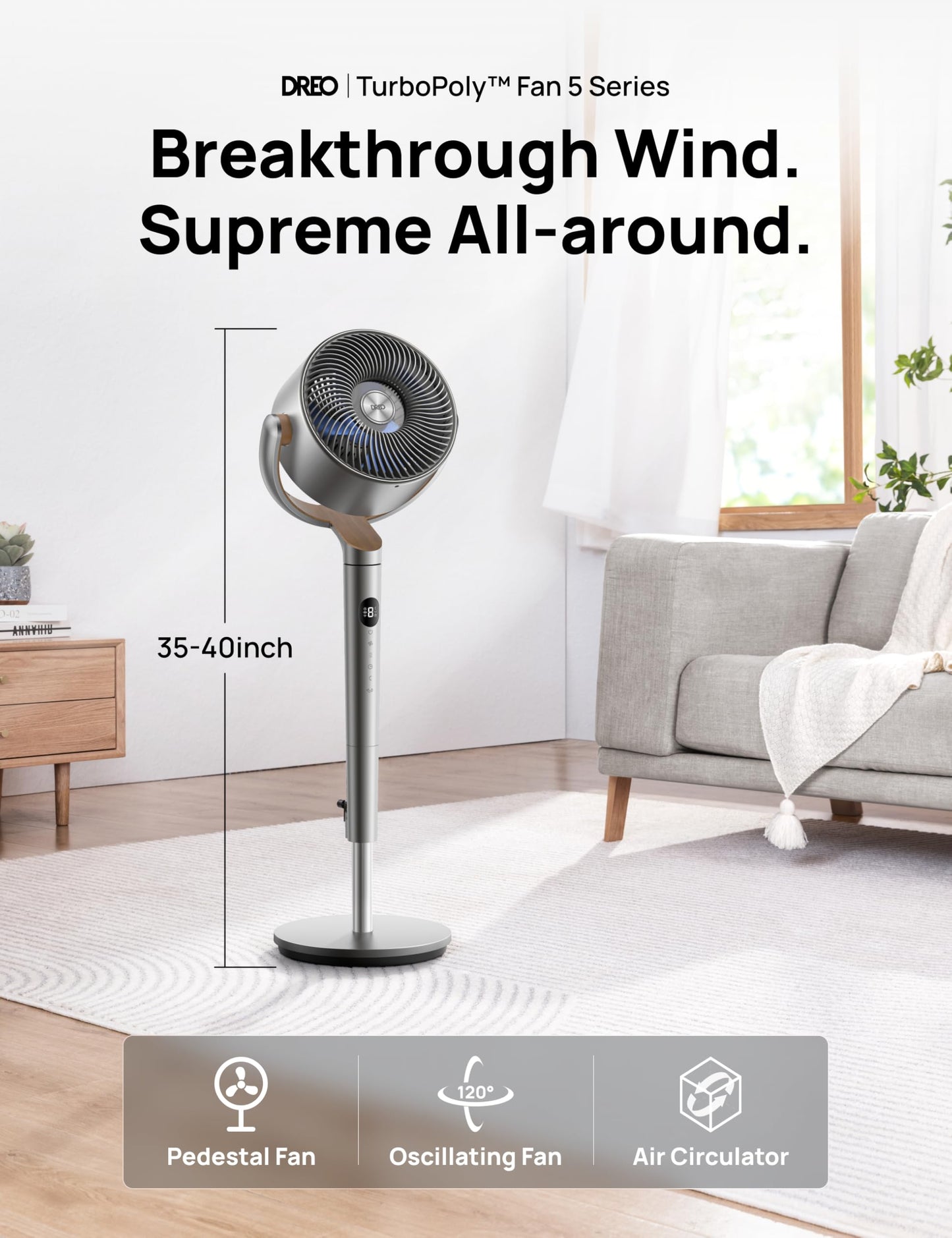 Dreo Standing Fan, 120°+120°Omni-directional Oscillating Fan For Bedroom, 80 ft Circulator With Remote, DC Motor Quiet Pedestal Fans, Adjustable Height, 8 Speeds, 3 Modes, 8H Timer, Home, PolyFan 502